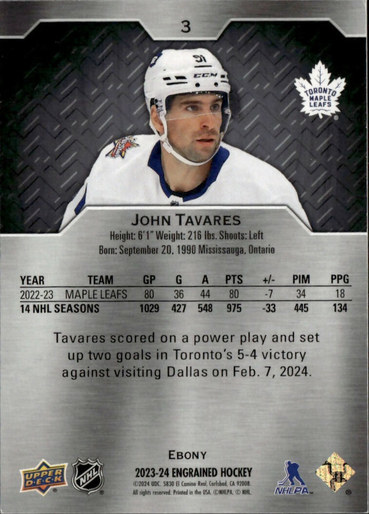 2023-24 Upper Deck Engrained Hockey - Base :49 #3 John Tavares - Toronto Maple Leafs - B
