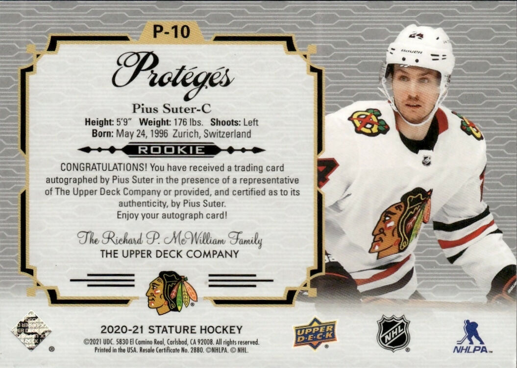 2020-21 Upper Deck Stature Hockey - Proteges  - Auto #P-10 Pius Suter - Chicago Blackhawks - B