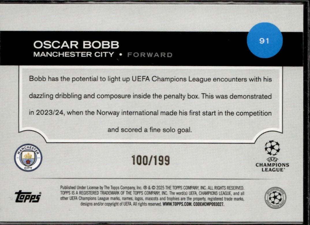 2024-25 Topps UEFA Club Competitions - Base - Neon Green Foilboard #91 Oscar Bobb - Manchester City - V