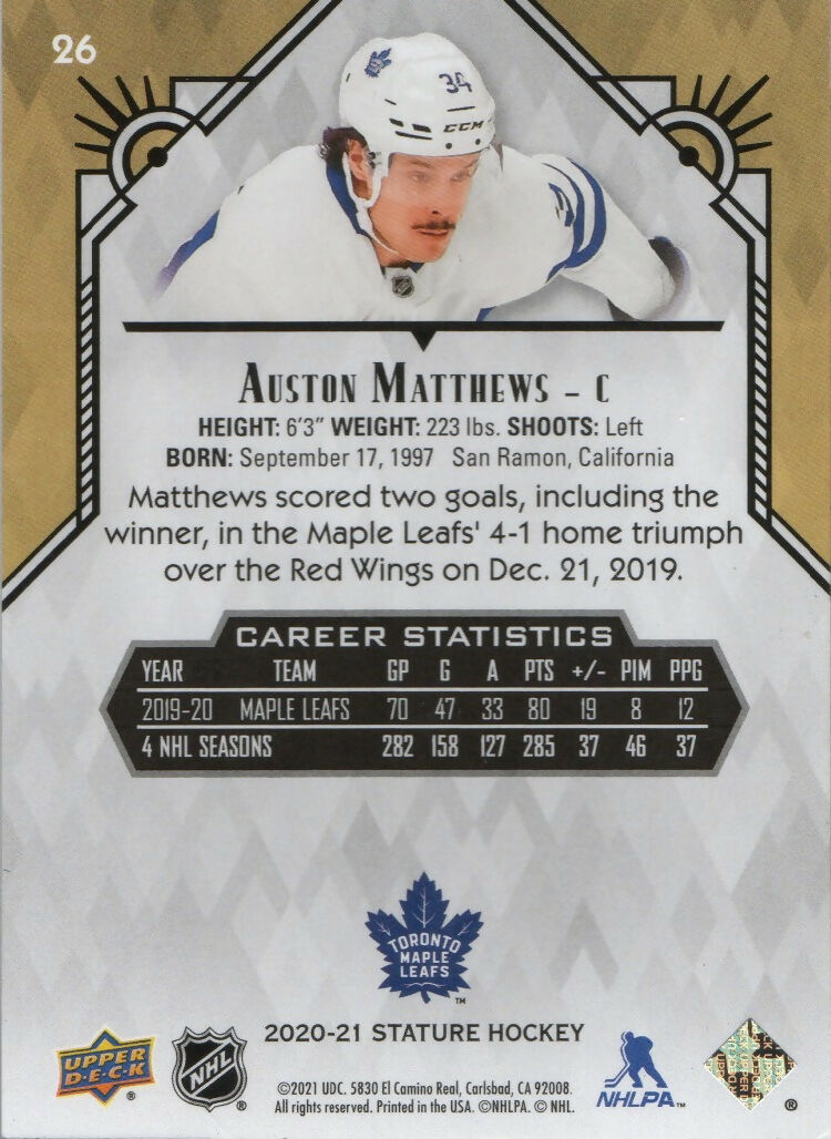 2020-21 Upper Deck Stature - Base #26 Auston Matthews - Toronto Maple leafs - B