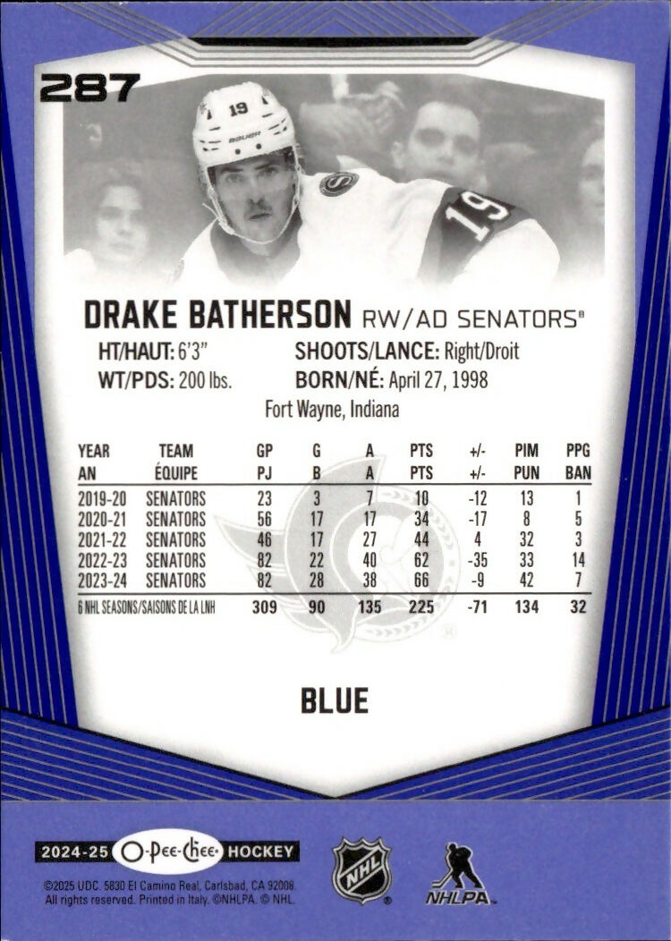2024-25 Upper Deck O-Pee-Chee - Base - Blue #287 Drake Batherson - Ottawa Senators - B