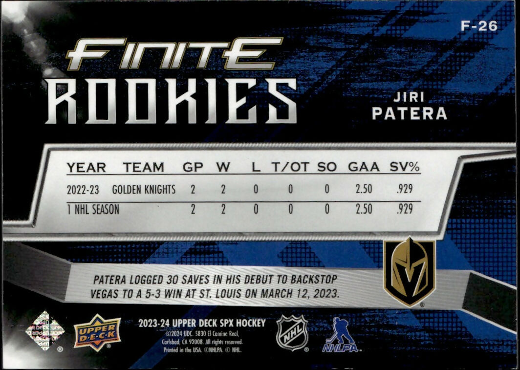 2023-24 Upper Deck SPX Hockey - Finite Rookies - Gold :399 #F-26 Jiri Patera - Vegas Golden Knights - B