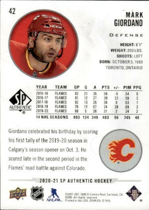 2020-21 Upper Deck Sp Authentic Hockey - Base #42 Mark Giordano - Calgary Flames