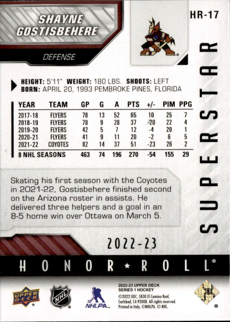 2022-23 Upper Deck Series 1 Hockey - Honor Roll #HR-17 Shayne Gostisbehere - Arizona Coyotes - B