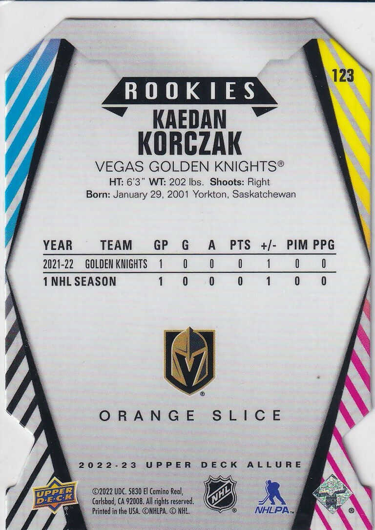 2022-23 Upper Deck Allure Orange Slice #123 Kaedan Korczak Vegas Golden Knights