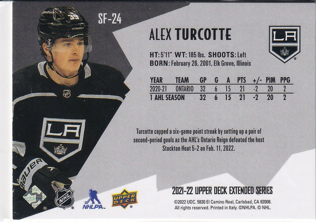 2021-22 Upper Deck SPx Finite Radiance #SF-24 Alex Turcotte Los Angeles Kings
