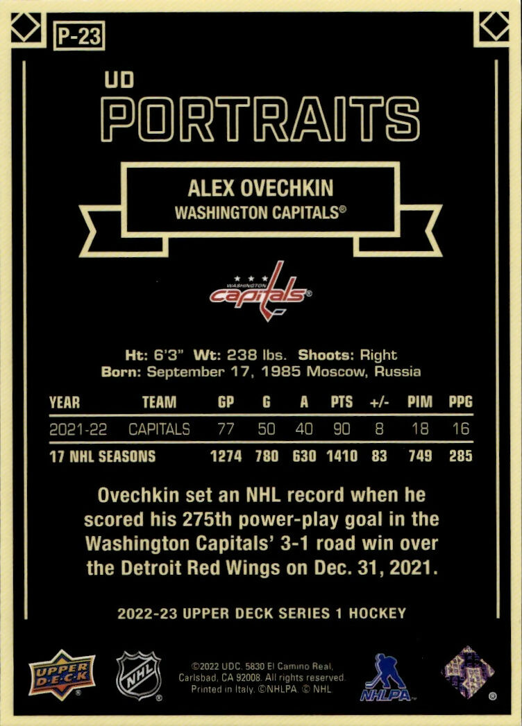 2022-23 Upper Deck Series 1 Hockey - Portraits #P-23 Alex Ovechkin - Washington Capitals - B