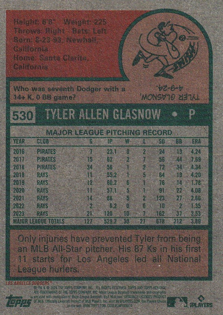 2024 Topps Heritage #530 Tyler Glasnow Los Angeles Dodgers