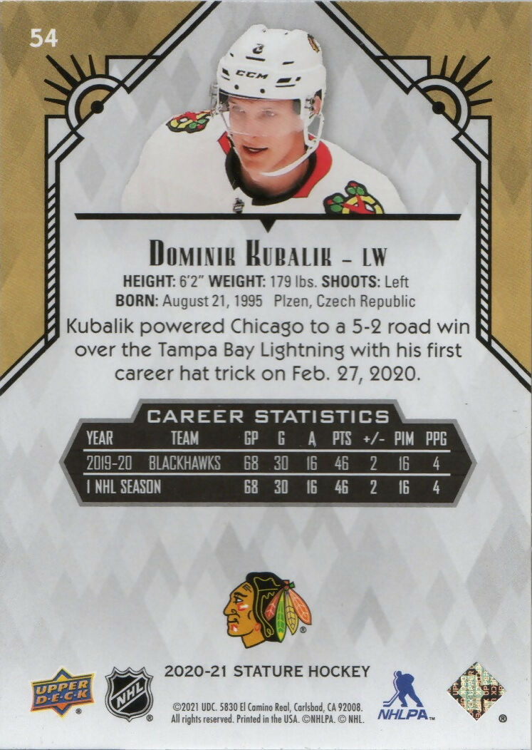 2020-21 Upper Deck Stature Hockey - Base #54 Dominik Kubalik - Chicago Blackhawks - B