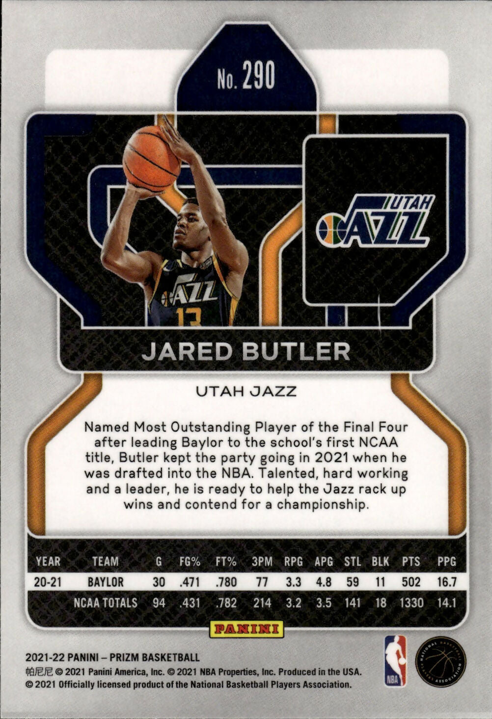 2021-22 Panini Prizm Basketball - Base - Rookie # 290 Jared Butler - Utah Jazz