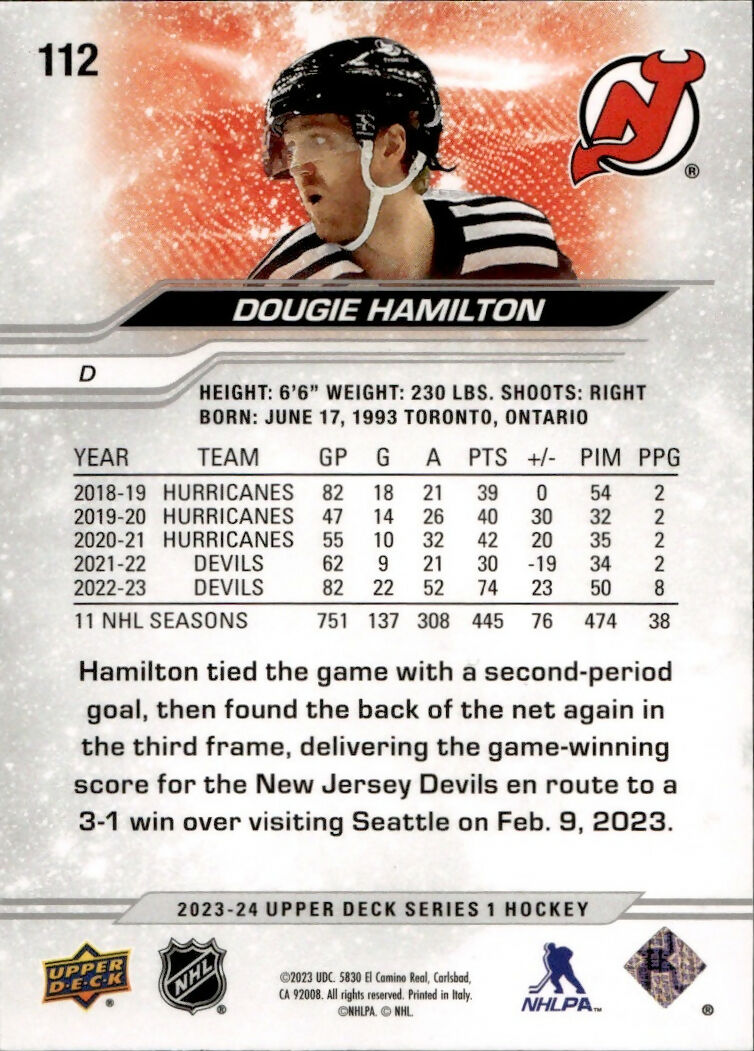 2023-24 Upper Deck Series 1 Hockey - Base #112 Dougie Hamilton - New Jersey Devils - B