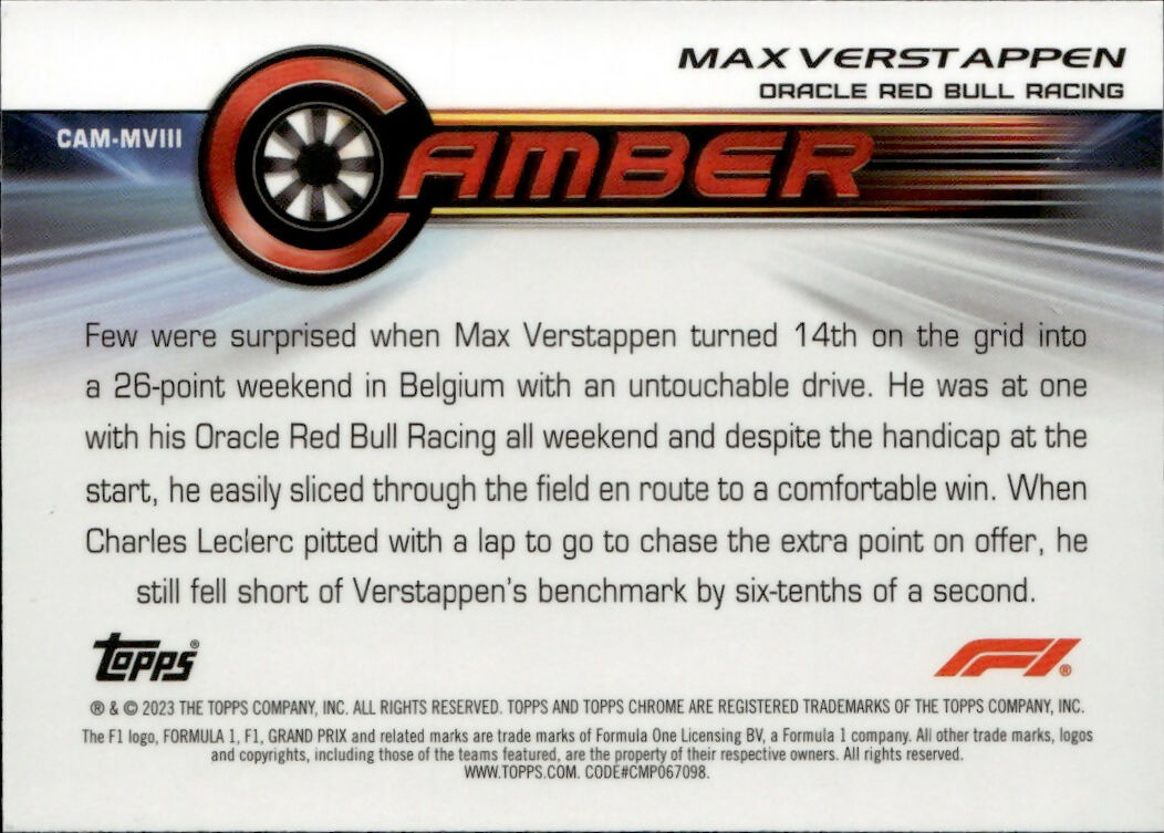 2023 Topps Chrome Formula 1 Camber #CAM-MVIII Max Verstappen - Oracle Red Bull Racing - B