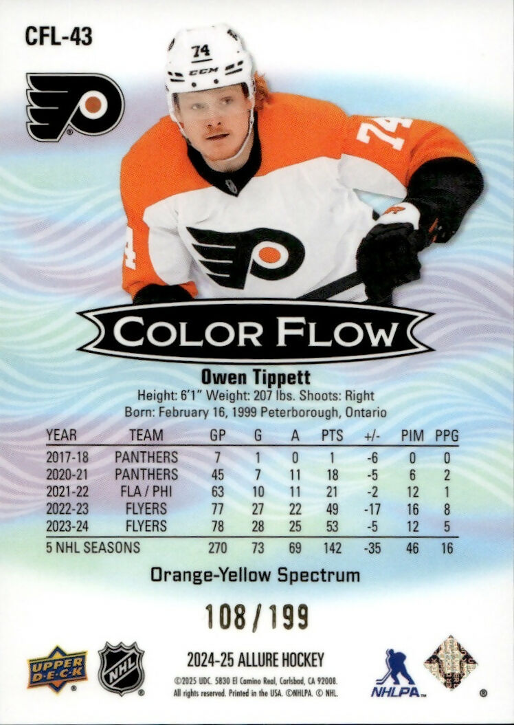 2024-25 Upper Deck Allure Hockey - Color Flow - Orange-Yellow Spectrum :199 #CFL-43 Owen Tippett - Philadelphia Flyers - B