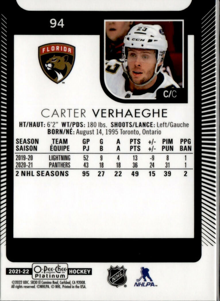 2021-22 Upper Deck O-Pee-Chee Platinum Hockey - Base #94 Carter Verhaeghe - Florida Panthers - B