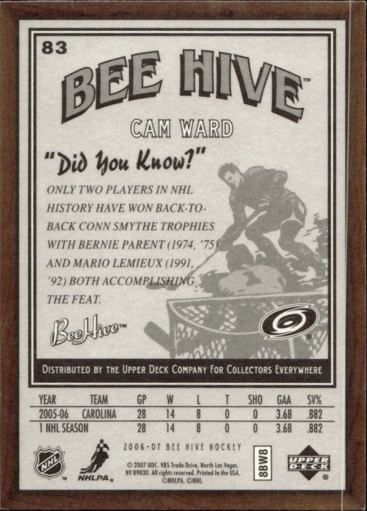 2006-07 Upper Deck - Bee Hive Hockey - Base #83 Cam Ward - Carolina Hurricanes - B