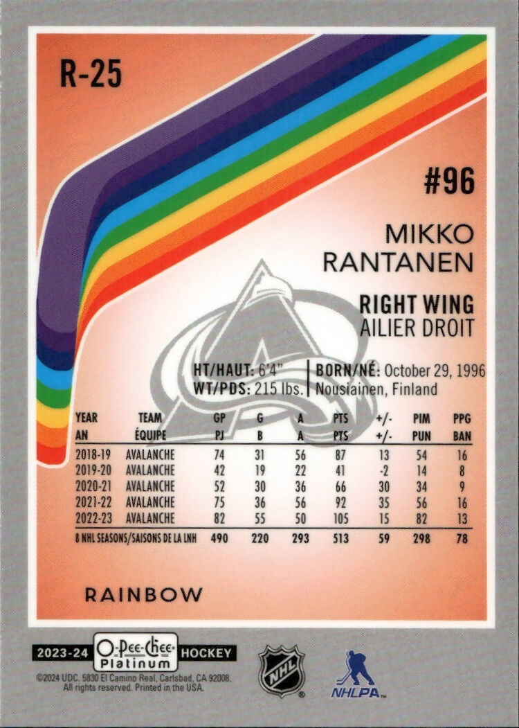 2023-24 Upper Deck O-Pee Chee Platinum Hockey - Retro - Raimbow #R-25 Mikko Rantanen - Colorado Avalanche - B
