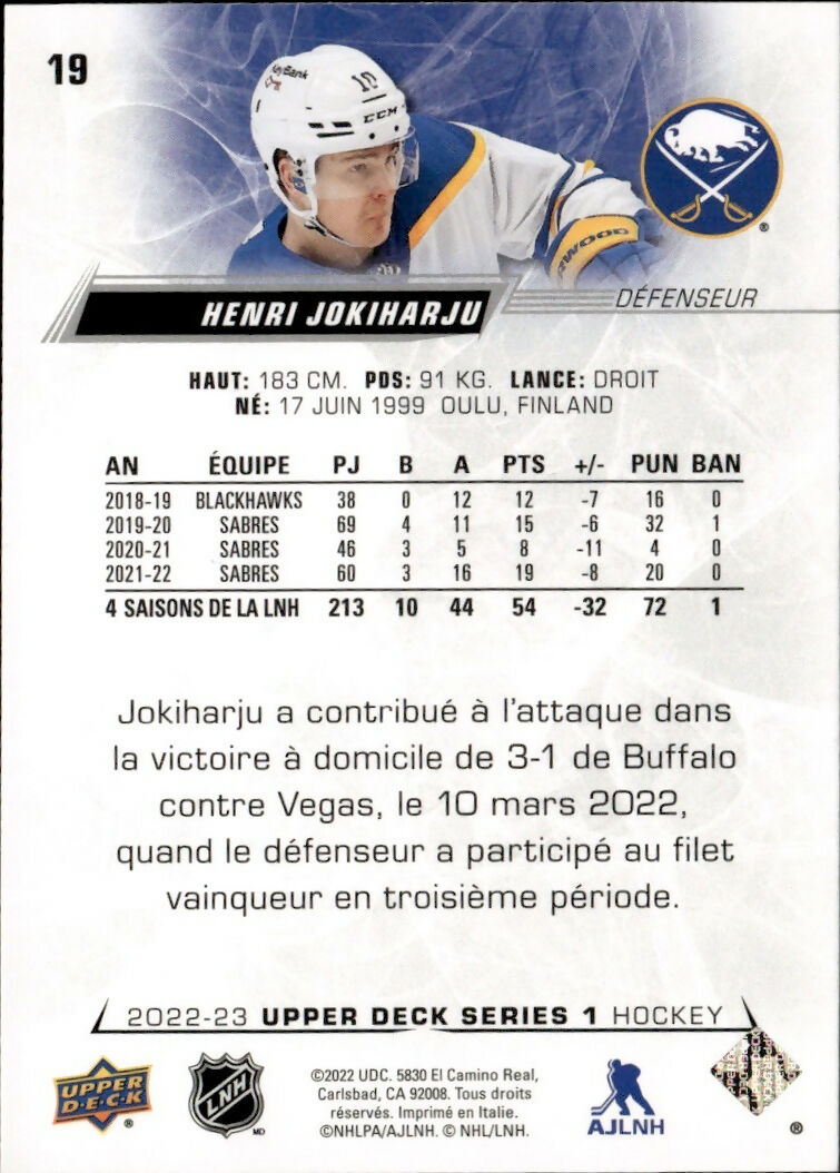 2022-23 Upper Deck Series 1 Hockey - Base #19 Henri Jokiharju - Buffalo Sabres - B
