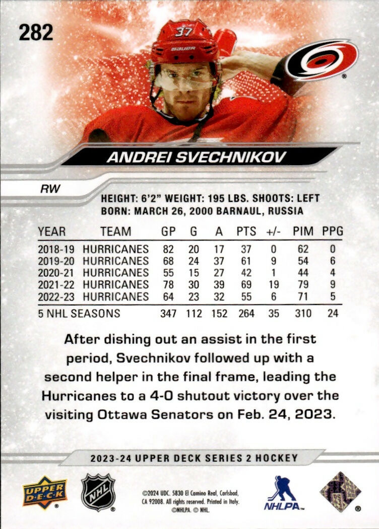 2023-24 Upper Deck Series 2 Hockey - Base #282 Andrei Svechnikov - Carolina Hurricanes
