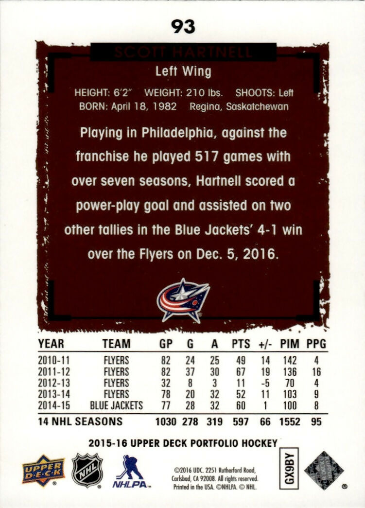 2015-16 Upper Deck Portfolio Hockey - Base #93 Scott Hartnell - Columbus Blue Jackets