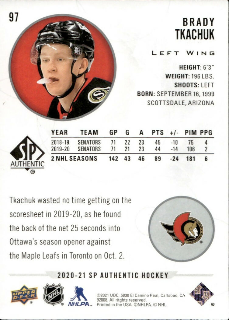 2020-21 Upper Deck Sp Authentic Hockey - Base #97 Brady Tkachuk - Ottawa Senators - B