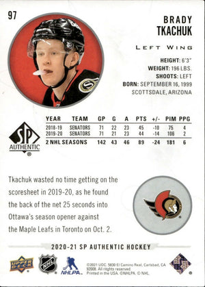 2020-21 Upper Deck Sp Authentic Hockey - Base #97 Brady Tkachuk - Ottawa Senators - B