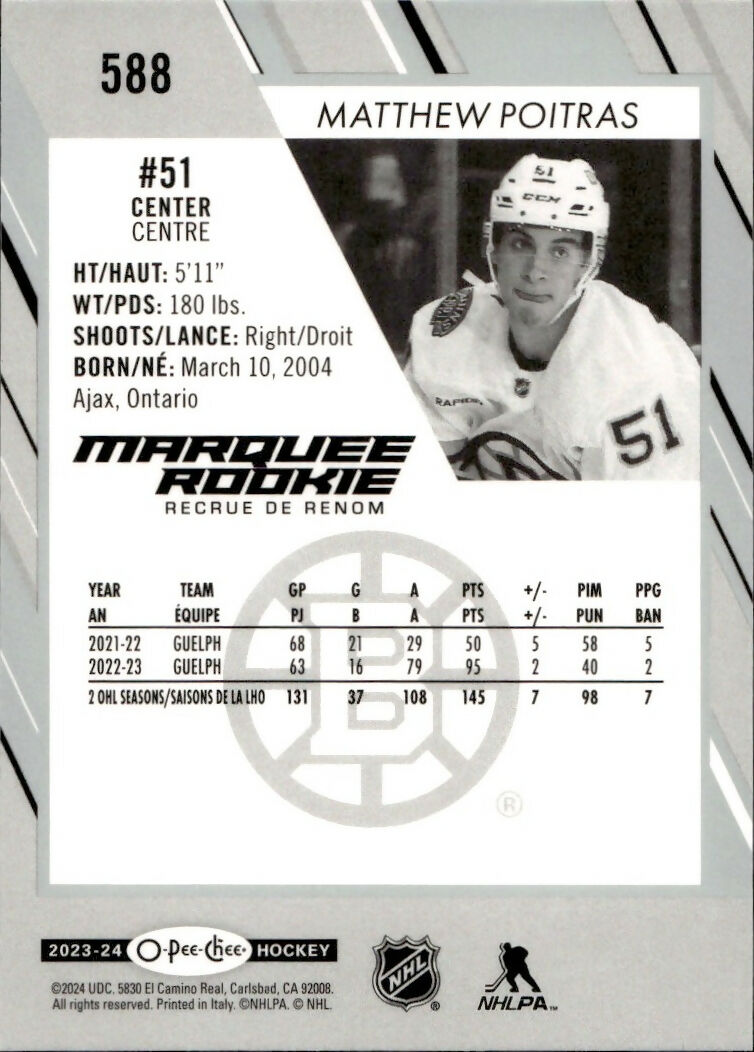 2023-24 Upper Deck O-Pee-Chee Hockey - Base - Marquee Rookies #588 Matthew Poitras - Boston Bruins - B
