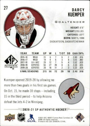 2020-21 Upper Deck Sp Authentic Hockey - Base #27 Darcy Kuemper - Arizona Coyotes