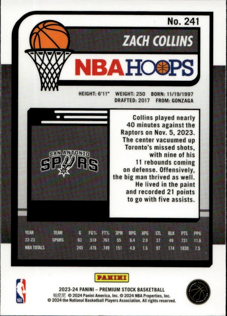 2023-24 Panini NBA Hoops Premium Stock - Base #241 Zach Collins - San Antonio Spurs - B