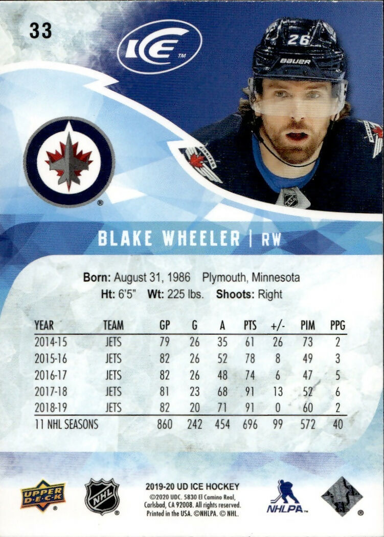 2019-20 Upper Deck Ice Hockey - Base #33 Blake Wheeler - Winnipeg Jets