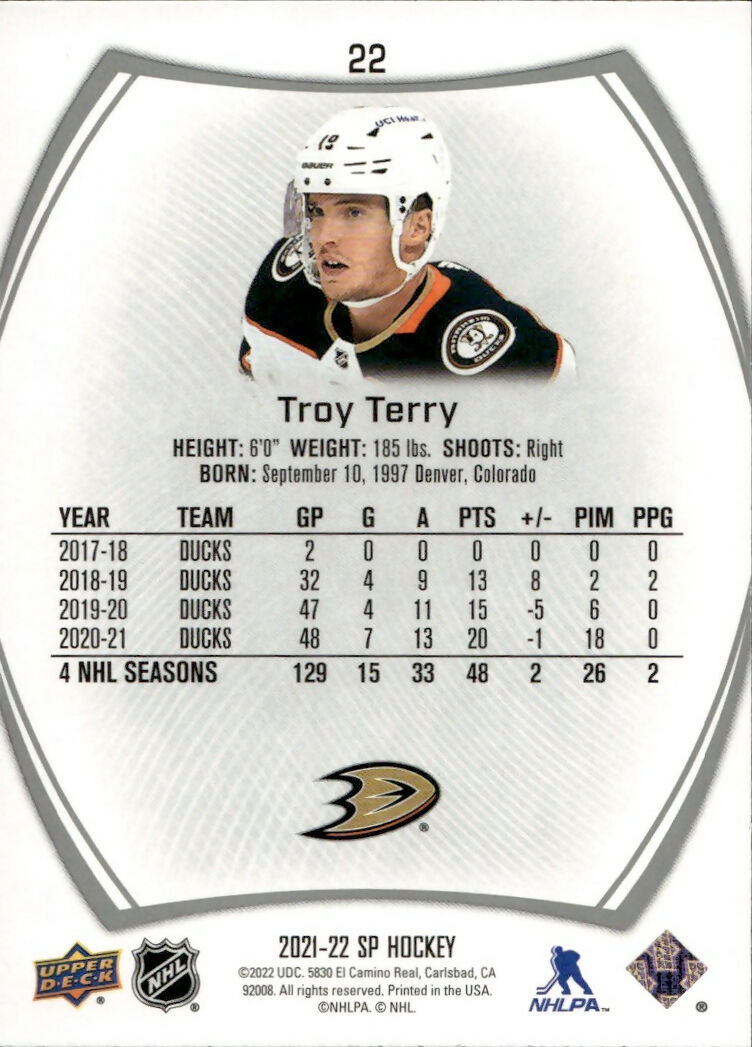 2021-22 Upper Deck SP Authentic Hockey - Base #22 Troy Terry - Anaheim Ducks - B