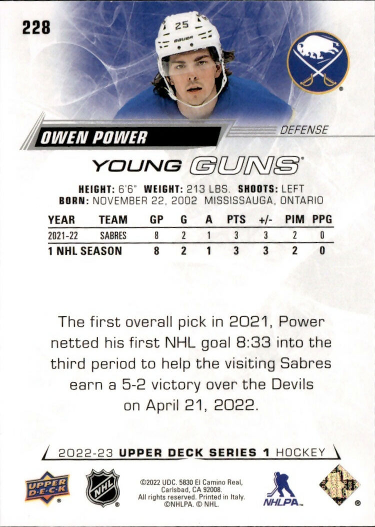 2022-23 Upper Deck Series 1 Hockey - Base - Young Guns #228 Owen Power - Buffalo Sabres - B