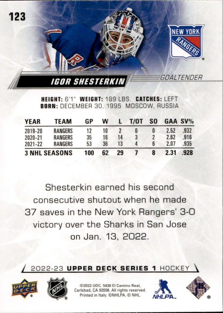 2022-23 Upper Deck Series 1 Hockey - Base #123 Igor Shesterkin - New York Rangers - B