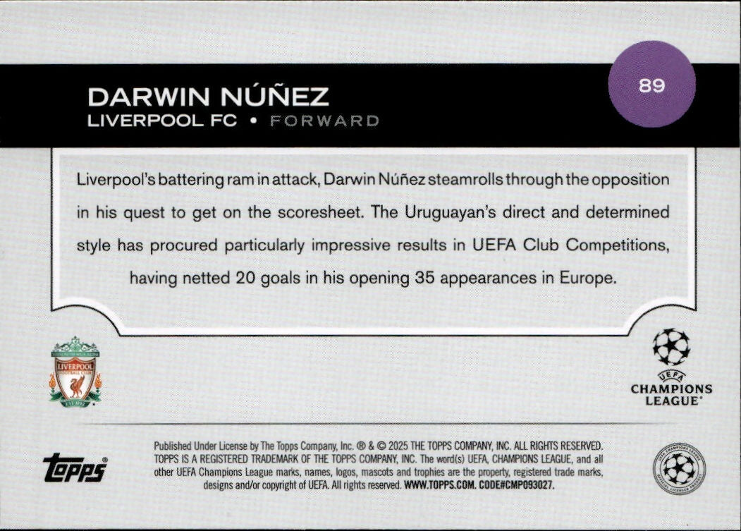 2024-25 Topps UEFA Club Competitions - Base #89 Darwin Nunez - Liverpool FC - B