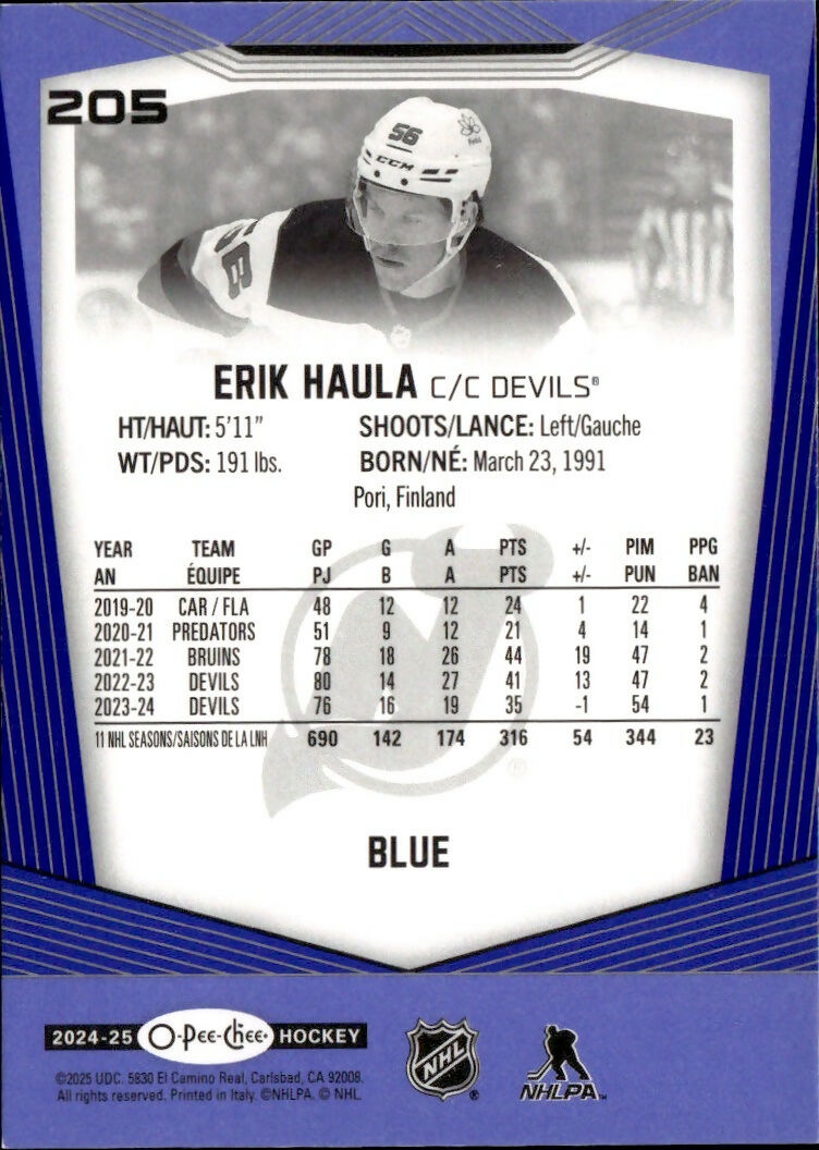 2024-25 Upper Deck O-Pee-Chee - Base - Blue #205 Erik Haula - New Jersey Devils - B