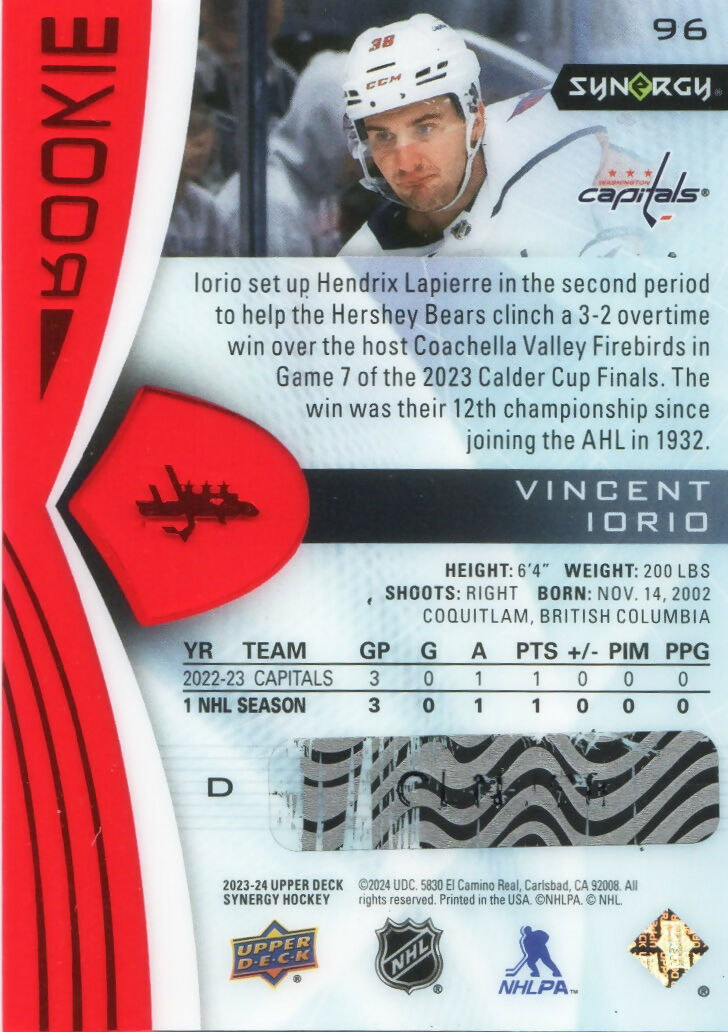 2023-24 Upper Deck Synergy Hockey - Base - Rookie #96 Vincent Iorio - Washington Capitals - B