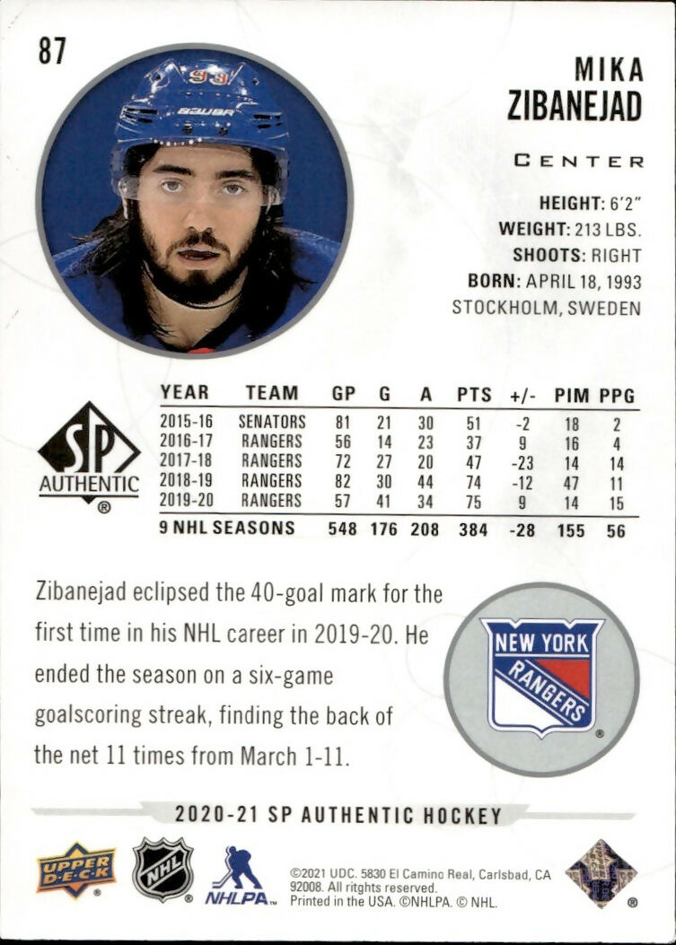 2020-21 Upper Deck Sp Authentic Hockey - Base #87 Mika Zibanejad - New York Rangers - B