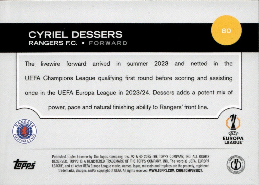 2024-25 Topps UEFA Club Competitions - Base #80 Cryiel Dessers - Rangers F.C. - B