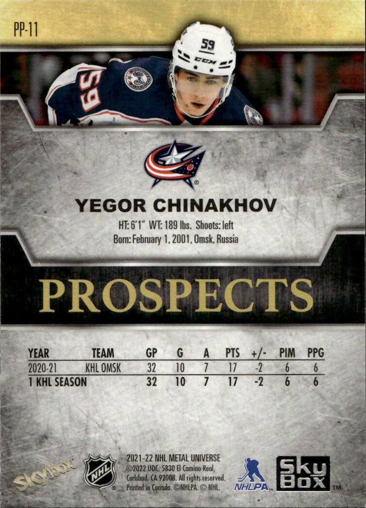 2021-22 Upper Deck Skybox Metal Universe - Prospects #PP-11 Yegor Chinakhov - Columbus Blue Jackets - B