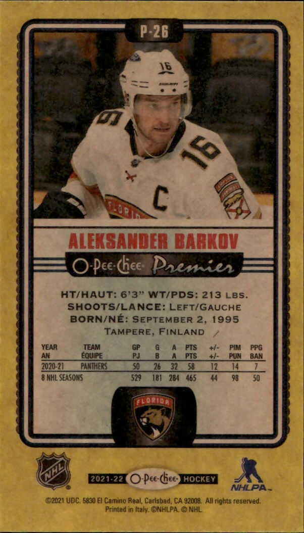 2021-22 Upper Deck O-Pee-Chee Hockey - Premier Tallboys - Yellow #P-26 Aleksander Barkov - Florida Panthers - B