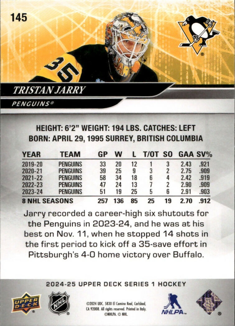 2024-25 Upper Deck Series 1 Hockey - Base #145 Tristan Jarry - Pittsburgh Penguins - B