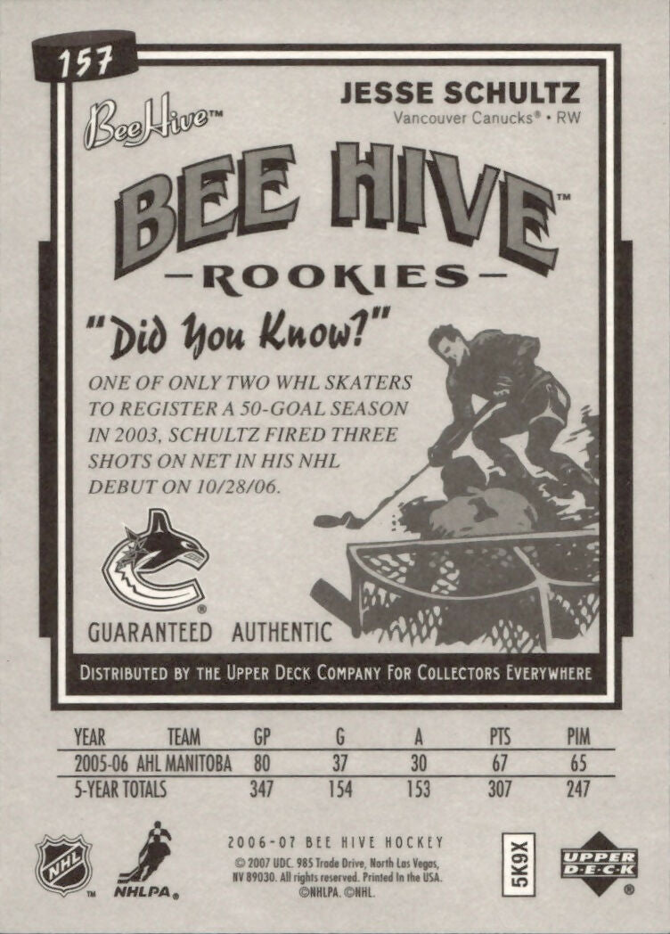 2006-07 Upper Deck - Bee Hive Hockey - Base - Rookies #157 Jesse Schultz - Vancouver Canucks - B