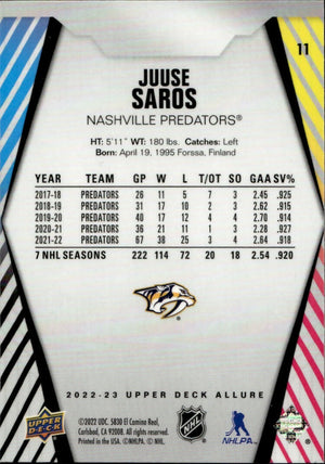 2022-23 Upper Deck Allure Hockey - Base #11 Juuse Saros - Nashville Predators - B