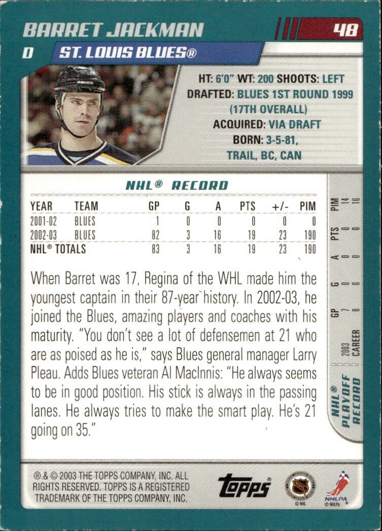 2003-04 O-Pee-Chee - Base - Blue :500 #48 Barret Jackman - St. Louis Blues - B