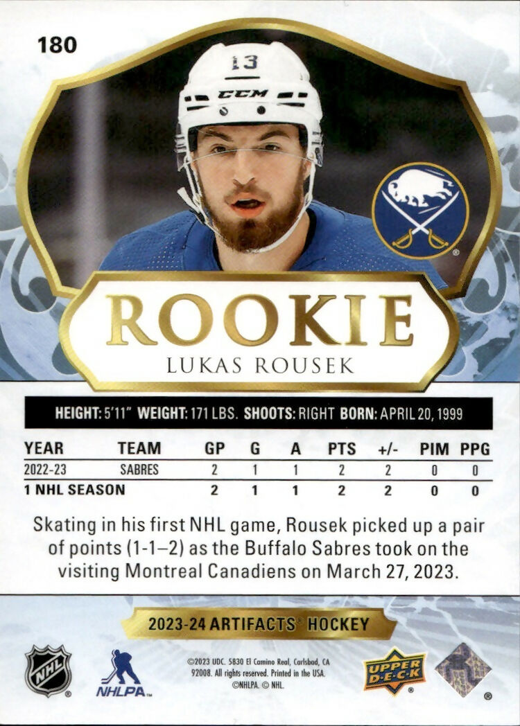 2023-24 Upper Deck Artifacts Hockey - Base - Rookie - Red :499 #180 Lukas Rousek - Buffalo Sabres - B