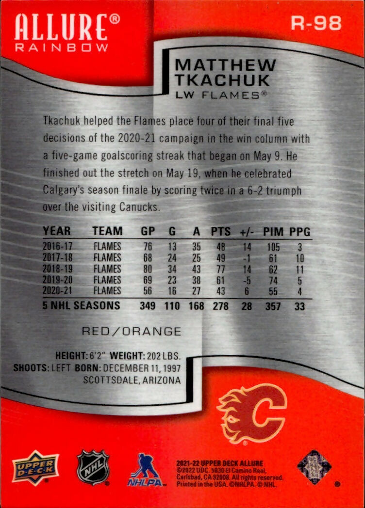 2021-22 Upper Deck Allure Hockey - Rainbow - Red Orange #R-98 Matthew Tkachuk - Calgary Flames - B