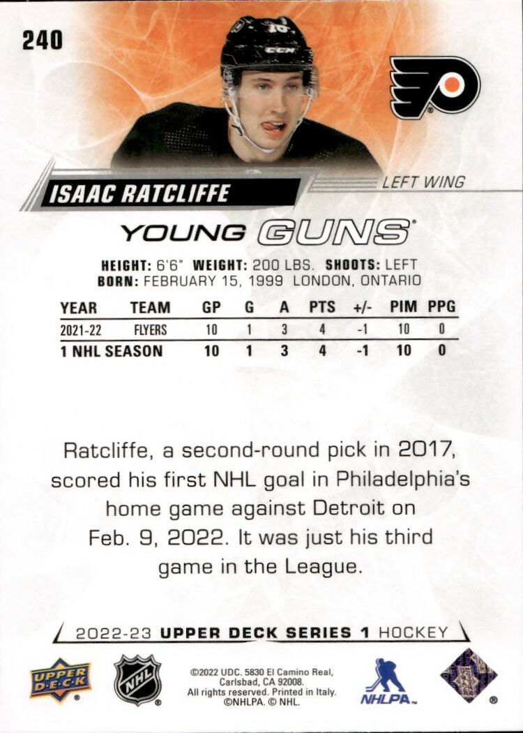 2022-23 Upper Deck Series 1 Hockey - Base - Young Guns #240 Isaac Ratcliff - Philadelphia Flyers - B