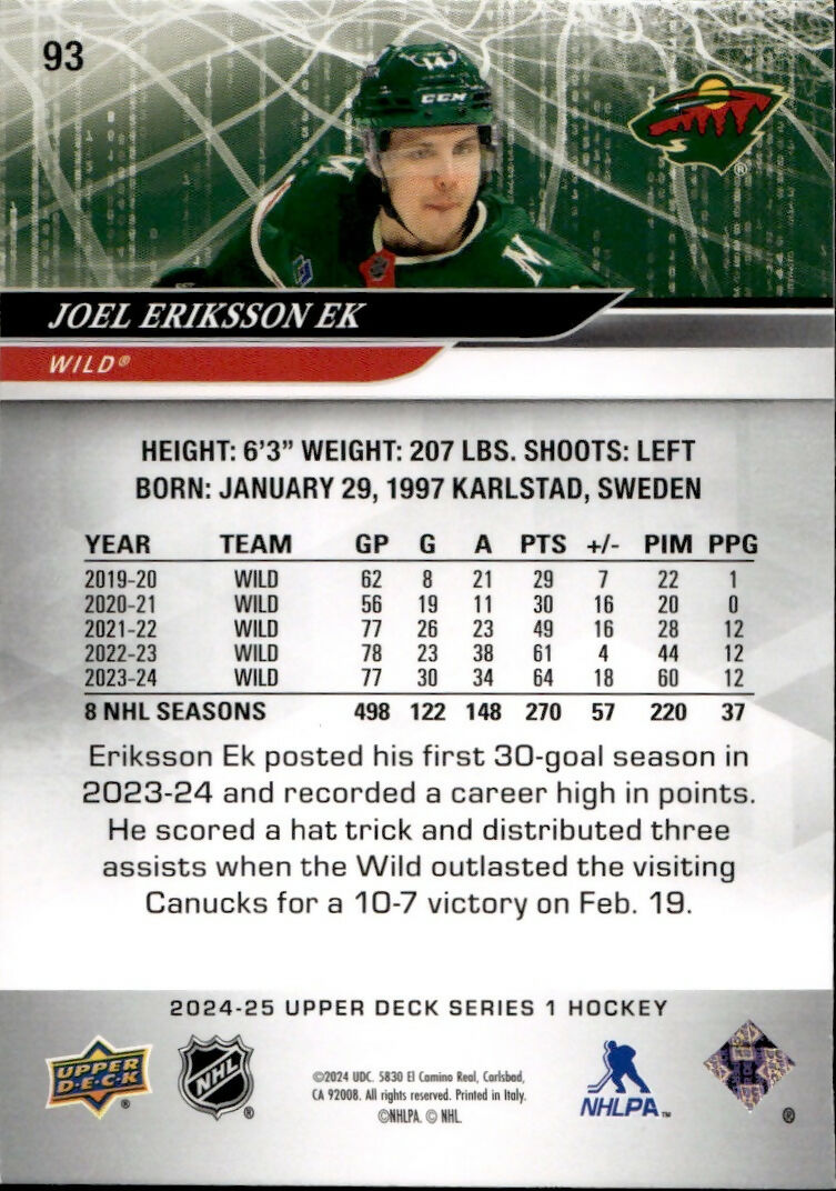 2024-25 Upper Deck Series 1 Hockey - Base #93 Joel Eriksson EK - Minnesota Wild - B