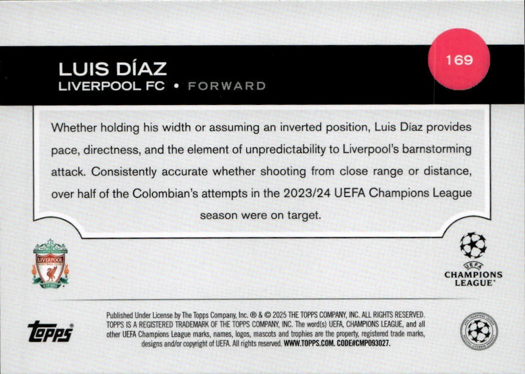 2024-25 Topps UEFA Club Competitions - Base #169 Luis Diaz - Liverpool FC - B