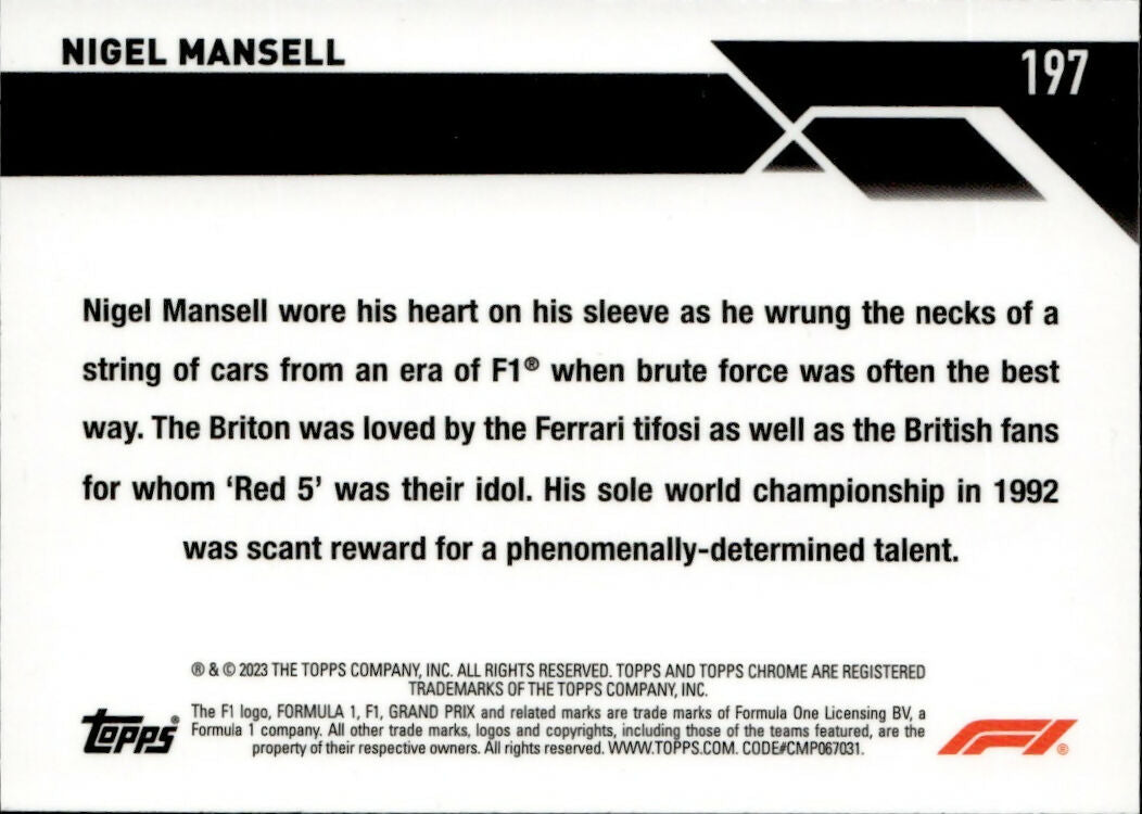 2023 Topps Chrome Formula 1 Base #197 - F1 Legends Nigel Mansell - B