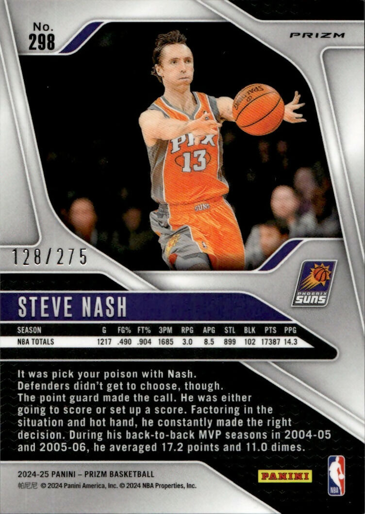 2024-25 Panini Prizm Basketball - Base - Prizm - White Lazer :275 #298 Steve Nash - Phoenix Suns - B